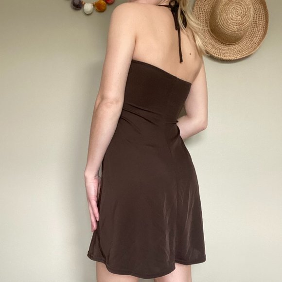Vintage Y2K Brown Halter Ring Tie Dress - Picture 3 of 7